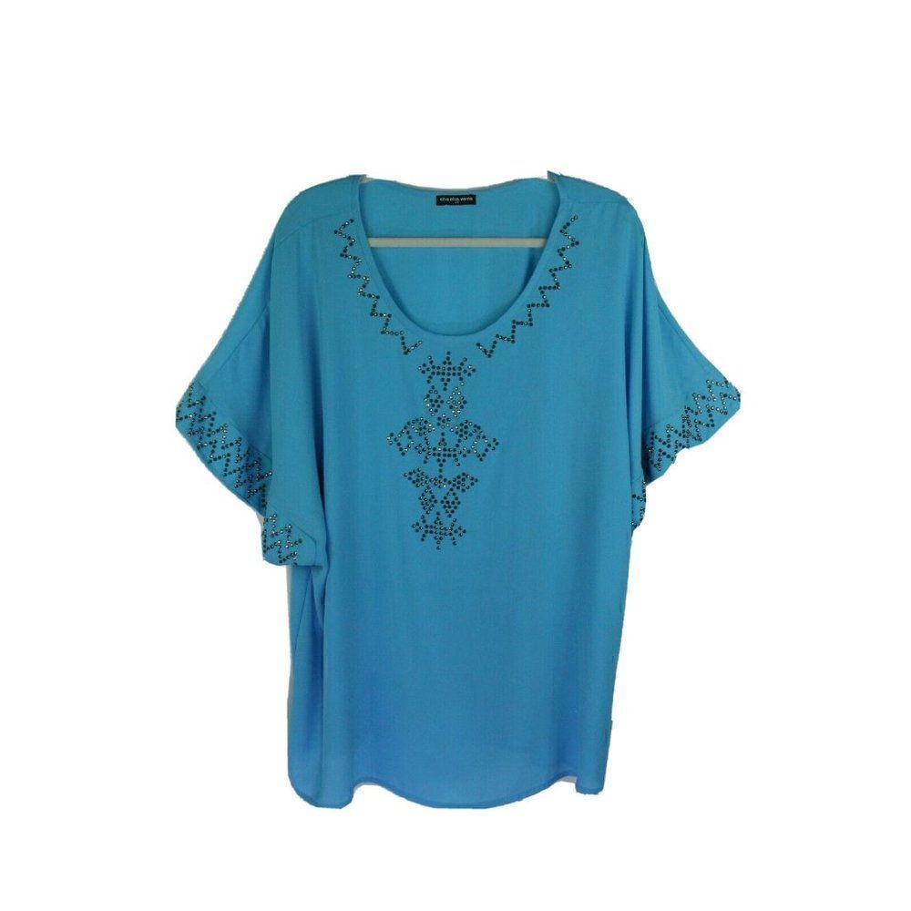 Cha Cha Vente Blouse Top Blue Metal Studded Kimono Sleeve Womens 2X